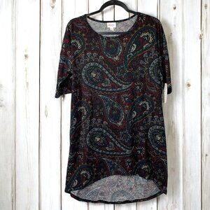 Lularoe Irma Half Sleeve Tunic High Low Polyester Blend Sz Sm Black Red Paisley